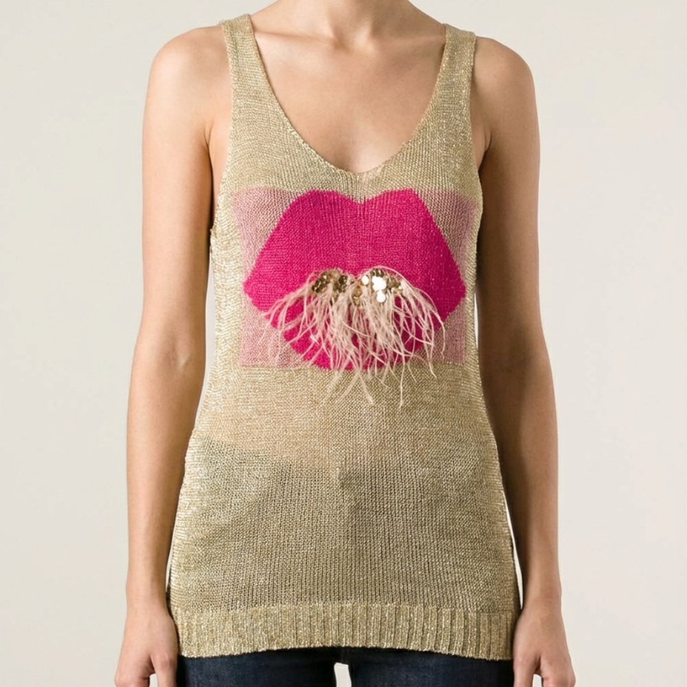 LSS Paris Gold Metallic‎ Mesh Tank Top Lip Graphic Sleeveless Size XS/S